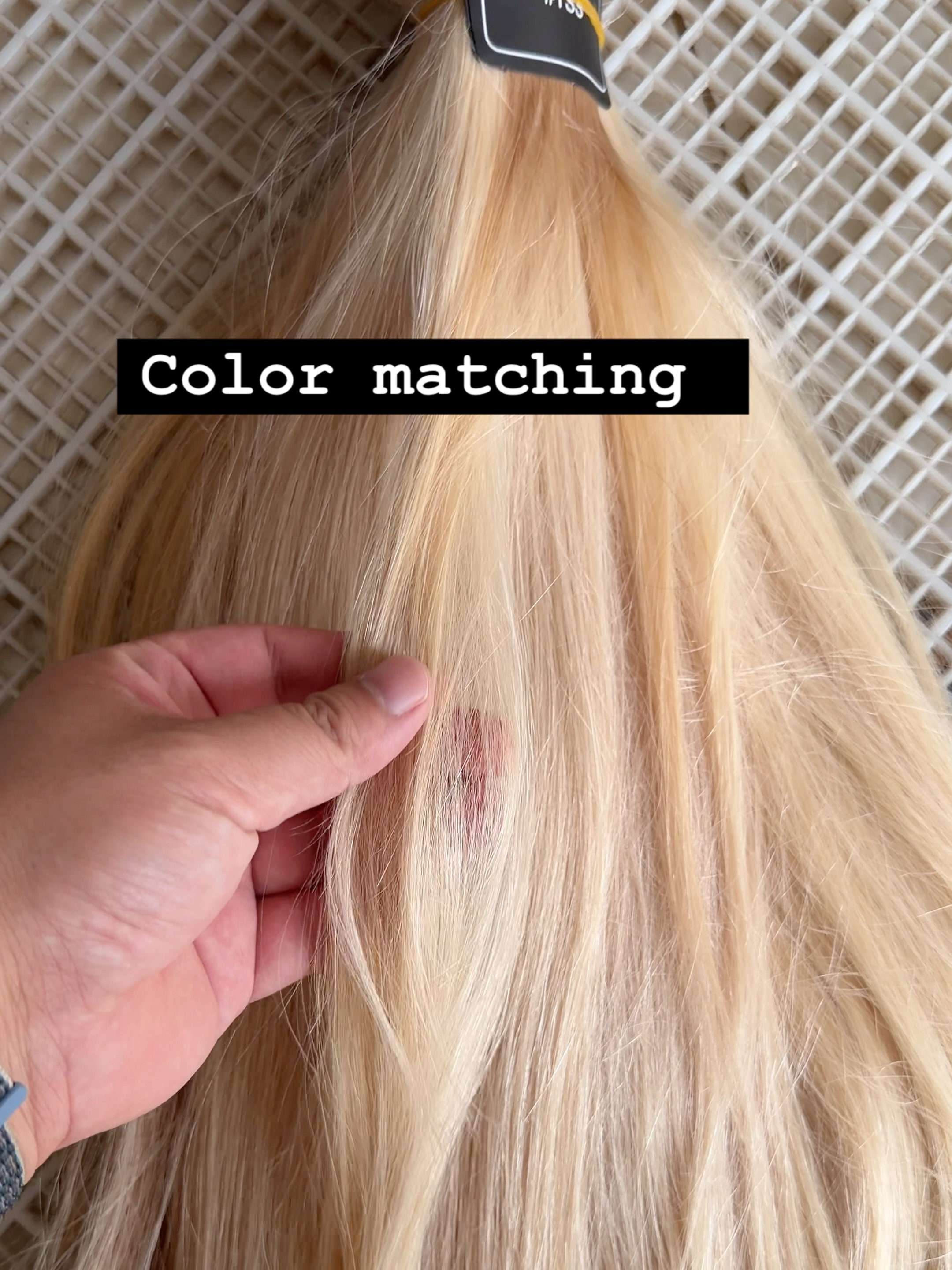 Close view of hair color being checked against a lace base
